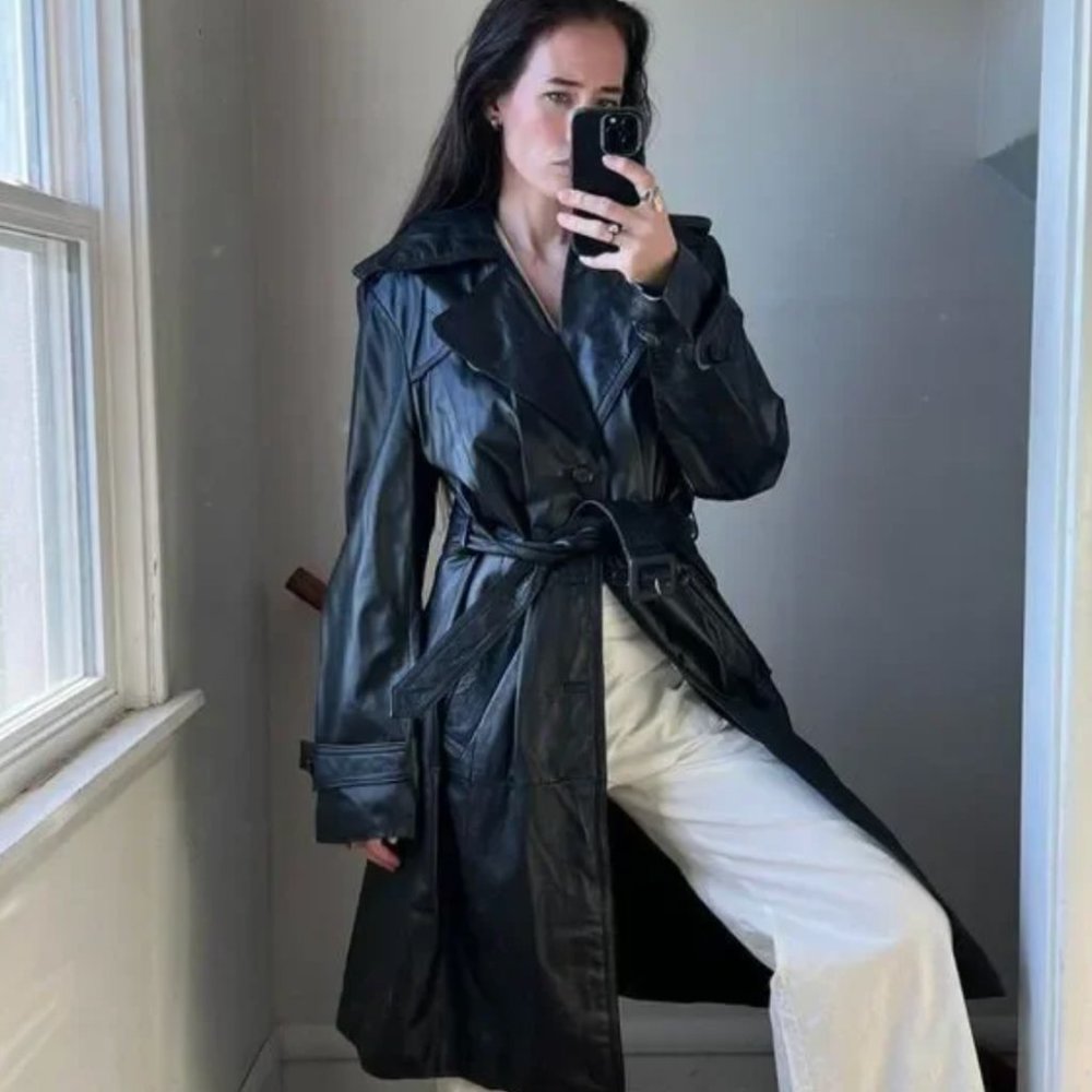 Vintage 70s Black Leather Trench Coat Jacket Dagger Lapels Belted Midi Length